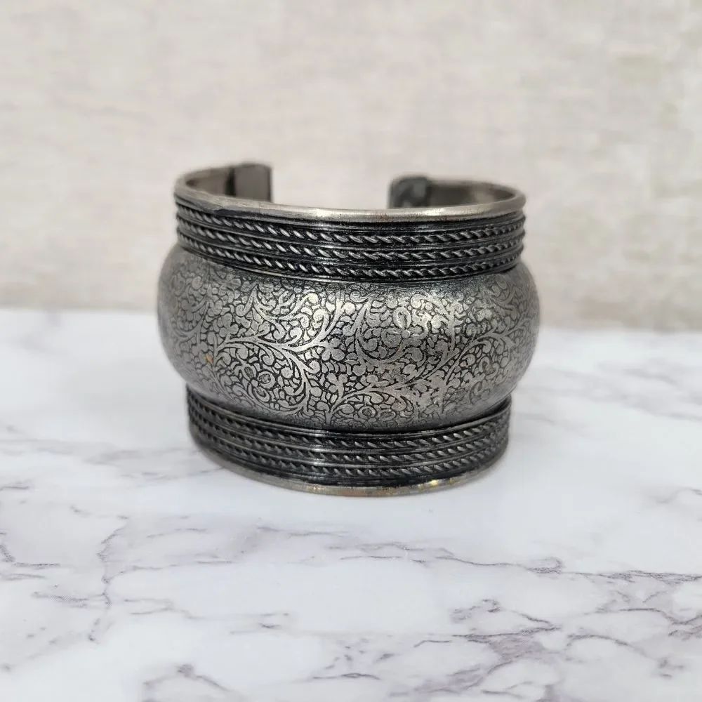 Silver Toned Handcrafted Metal Cuff Bracelet Floral Etching